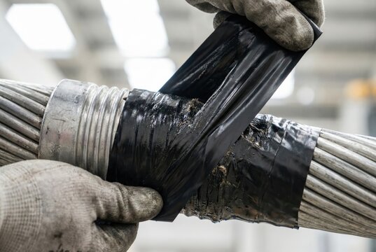Electrician wrapping black insulating tape around a thick spliced high voltage aluminum power cable