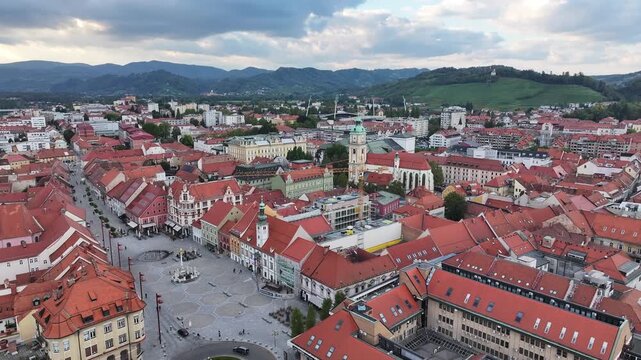 Drone panorama of Maribor main square and river.