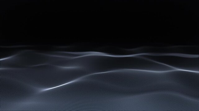 Silver Waves Black Background Grey Black, Monochrome Particle Grid Wave, Smooth Dot Surface Motion, Minimal Digital Landscape Flow, Abstract Technology Wave Loop Animation 4K 60fps