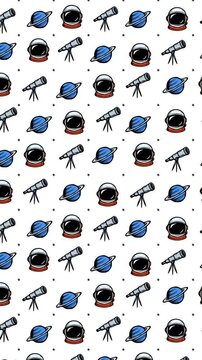 Cartoon Doodle Astronaut Helmet Telescope and Planet Pattern, Hand Drawn Space Icons Moving Up with Float Animation on White Background, Motion Graphics Seamless Loop, 9:16 Vertical Video