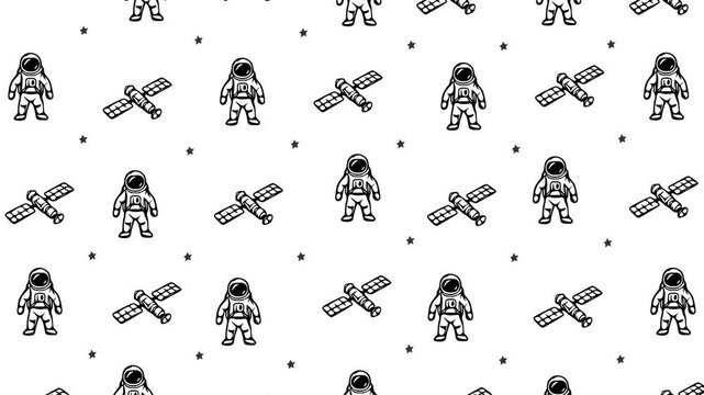 Cartoon Doodle Astronaut and Satellite Pattern, Hand Drawn Space Icons Moving Up with Float Animation on White Background, Motion Graphics Seamless Loop, 4K
