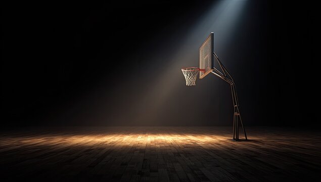 A solitary basketball hoop stands illuminated on a darkened wooden court, creating a dramatic and evocative scene.