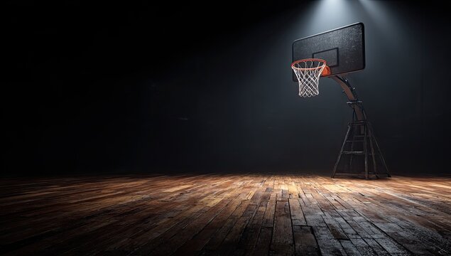 A solitary basketball hoop stands illuminated on a polished wooden court, creating a dramatic and evocative scene.