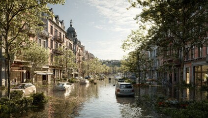 Naklejka premium Flooded European City Street with Boats Navigating Waterlogged Buildings.