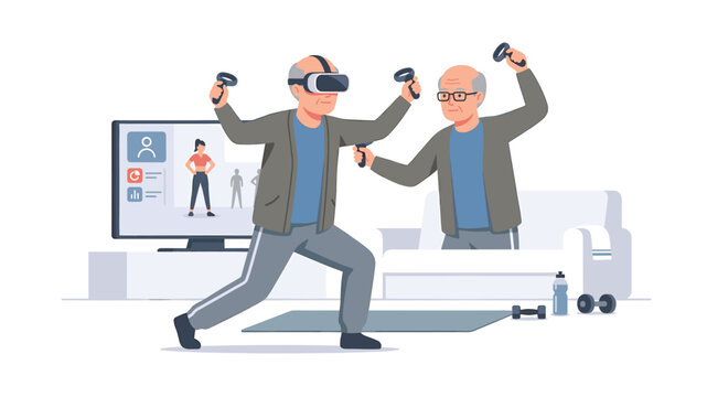 Senior men exercising with VR headset in living room