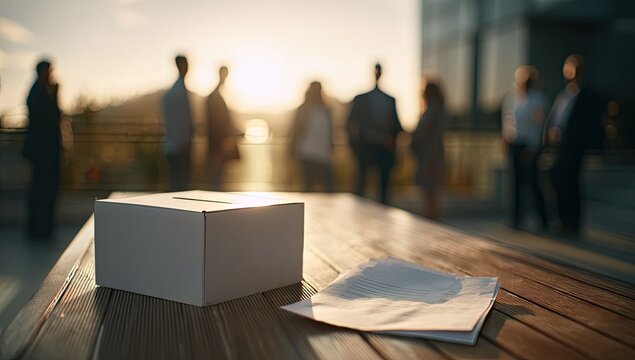 A ballot box sits on a wooden table in front of a blurred crowd, suggesting an election or voting process.