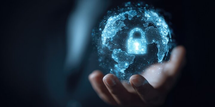 A hand gently cradles a glowing, digital globe secured by a prominent padlock, symbolizing global cybersecurity and data protection.