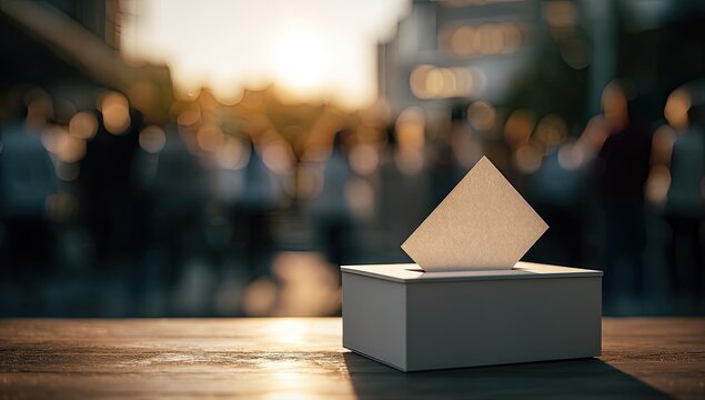 A white ballot box stands prominently on a wooden surface, bathed in warm sunlight with a blurred crowd and urban backdrop suggesting an election or democratic process.