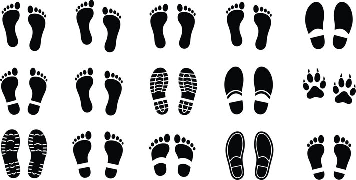 Human bare walk footprints and shoes, kids feet vector set, footsteps icon for print, trail, walking route, and footprint follow illustrations.