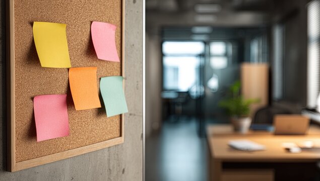 A modern office space features a corkboard with colorful sticky notes, suggesting a collaborative and organized work environment, with a blurred background showing a desk and window.