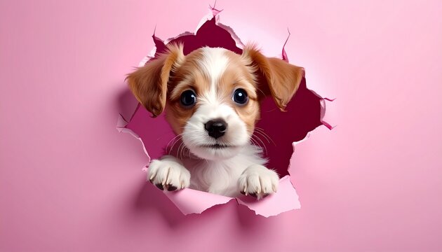 Adorable puppy peeking through a torn pink paper background, showcasing its cute face and innocent eyes