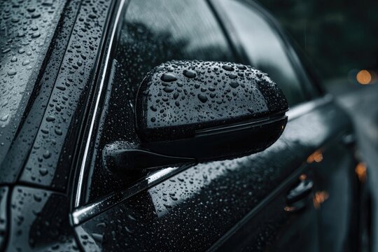 A close-up shot showcases a sleek, black car's side mirror glistening with raindrops, highlighting the vehicle's modern design and the wet, reflective surface.