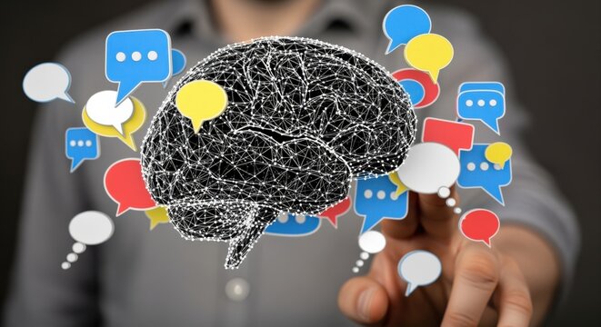 Abstract 3D Brain Network with Colorful Communication Speech Bubbles and Human Finger Touching