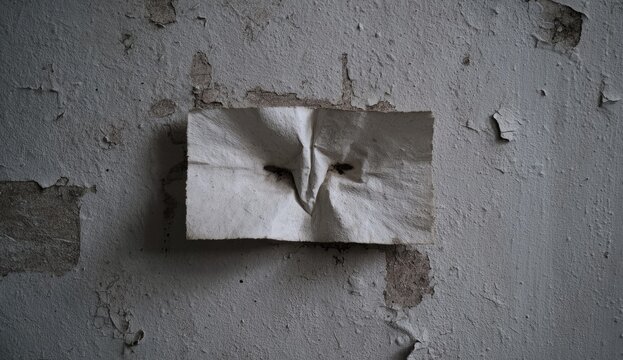 A crumpled piece of white paper is affixed to a weathered, peeling wall, creating a stark and unsettling visual contrast.