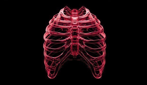 A striking, digitally rendered image showcases a vibrant red human rib cage against a stark black background, emphasizing anatomical structure and a modern aesthetic.