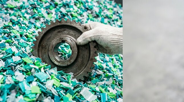 Industrial Metal Gear Held Over Recycled Plastic Granules for Manufacturing and Sustainability