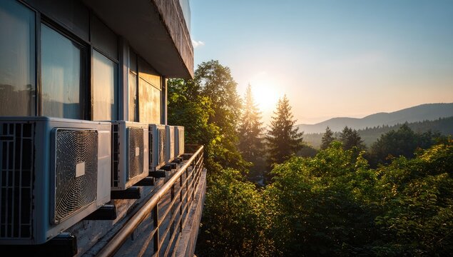 An exterior view showcases air conditioning units mounted beneath windows, overlooking a lush, forested landscape bathed in golden sunlight.