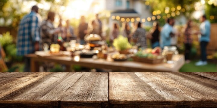 A blurred backyard barbecue scene with a wooden table in the foreground.