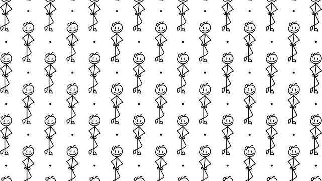 Doodle Stick Figure Pattern, Hand Drawn Character Icons with Vortex Animation on White Background, Motion Graphics Seamless Loop, 4K