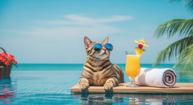 Cool Cat Wearing Sunglasses Relaxing Poolside with Tropical Drink and Ocean View