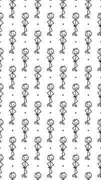 Doodle Stick Figure Pattern, Hand Drawn Character Icons with Vortex Animation on White Background, Motion Graphics Seamless Loop, 9:16 Vertical Video