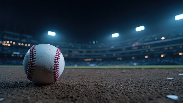 A close-up shot showcases a baseball resting on a dirt infield at a brightly lit stadium, evoking a sense of anticipation and the thrill of the game.