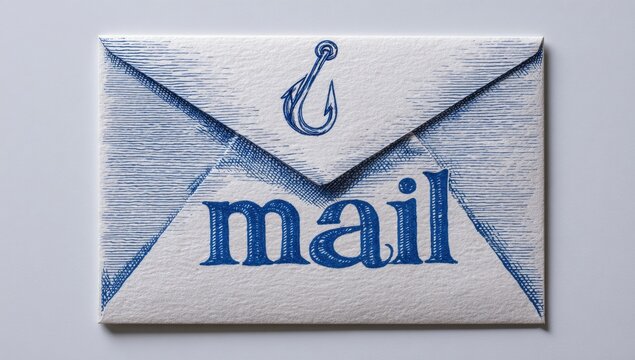 A white envelope with the word 'mail' printed on it features a blue fishing hook design, suggesting a playful concept of email phishing or catching messages.