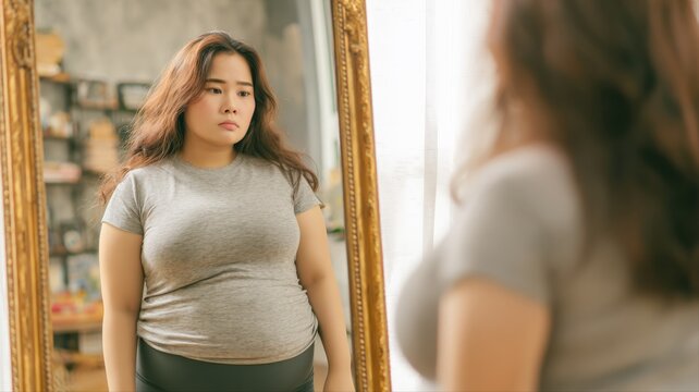 Young Asian woman looking critically at her reflection in a large ornate mirror, feeling self-conscious