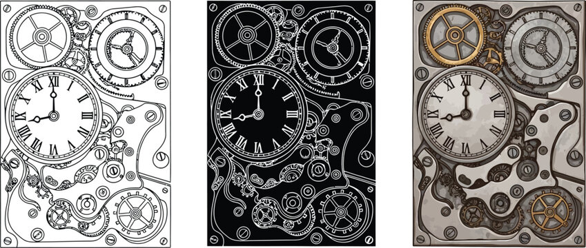 Steampunk clockwork mechanism with gears and roman numerals intricate mechanical design for vintage projects detailed illustration