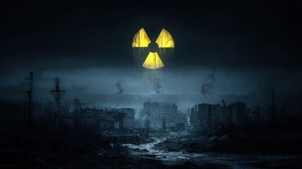 Fototapeta premium Glowing Nuclear Radiation Symbol Above Post Apocalypse Ruined Cityscape with Smoke and Gloom