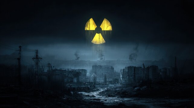 Glowing Nuclear Radiation Symbol Above Post Apocalypse Ruined Cityscape with Smoke and Gloom