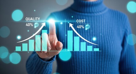 Obraz premium Business person analyzing rising quality and cost metrics on futuristic digital financial performance dashboard