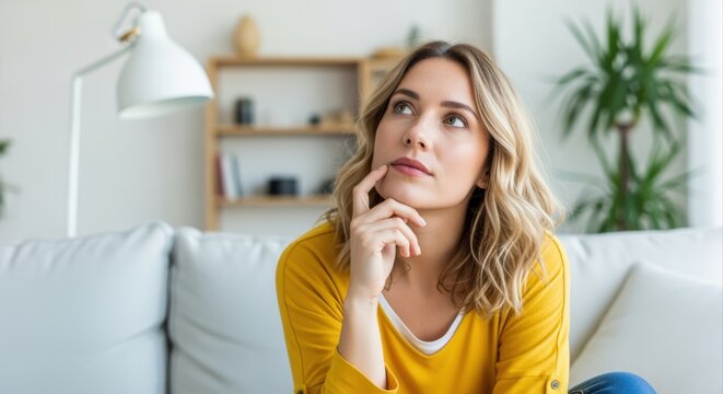 Young thoughtful woman with hand on chin sitting on sofa, contemplating a decision or idea at home