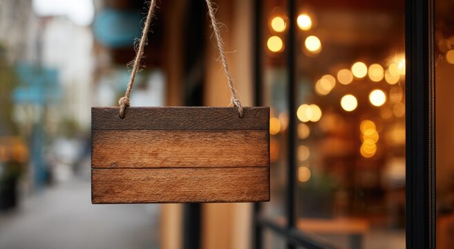 A rustic wooden sign hangs from a rope outside a warmly lit shop window, creating a cozy and inviting atmosphere.