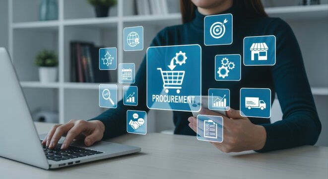 Business professional managing online procurement process with digital interface and workflow icons