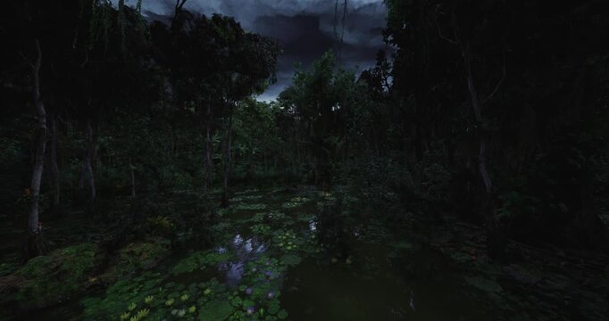 Heavy clouds loom above submerged trail amid thick foliage, Forested trail filled with shallow water under ominous sky and swirling storm clouds