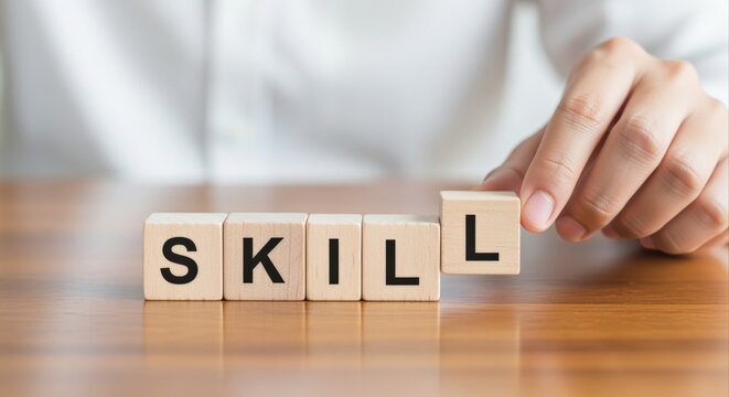 Hand placing the final letter 'L' on wooden blocks spelling out the word SKILL