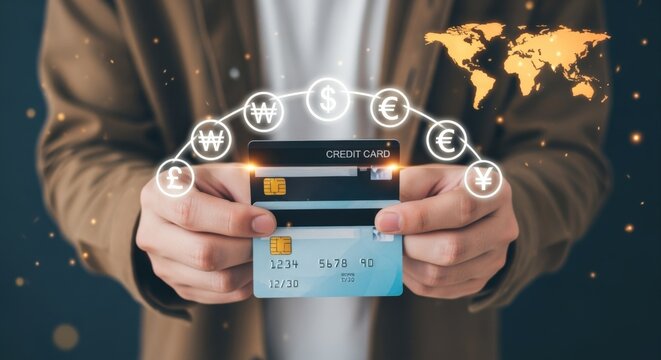 Person holding credit cards with global currency symbols and world map overlay, representing international finance and payments