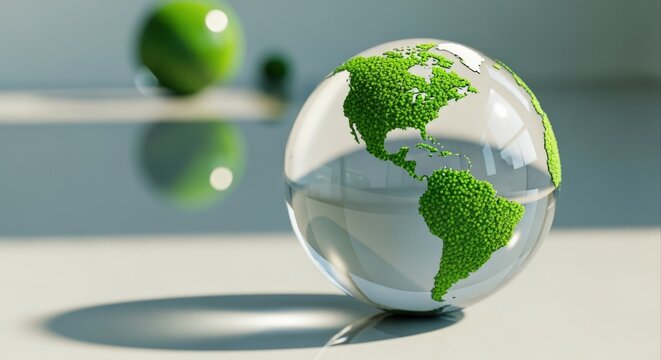 Crystal Earth Globe with Green Continents Reflecting Light, Symbolizing Global Ecology and Sustainability