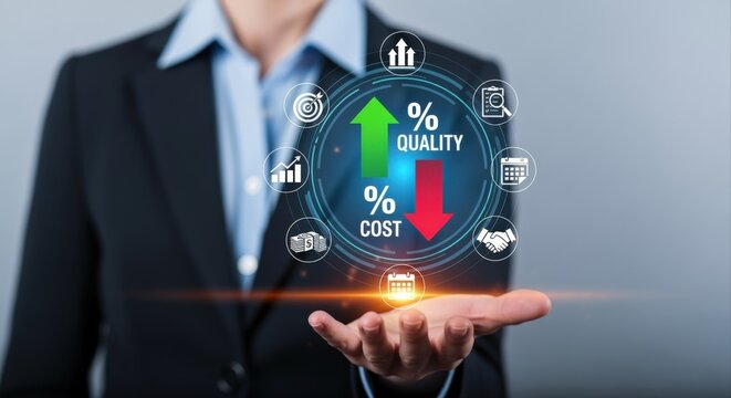 Business professional displaying infographic with rising quality and falling cost percentages, symbolizing efficiency and growth