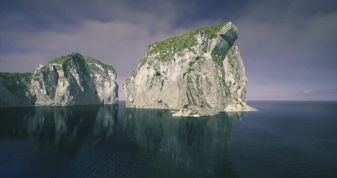 Twilight scene featuring twin rocks and reflective waters, Cinematic setting showcasing large twin rocks at dusk with reflective ocean surface and moody sky