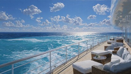 Fototapeta premium A luxurious cruise ship deck overlooks a vibrant turquoise ocean under a bright blue sky dotted with fluffy white clouds, offering a serene and relaxing vacation experience.