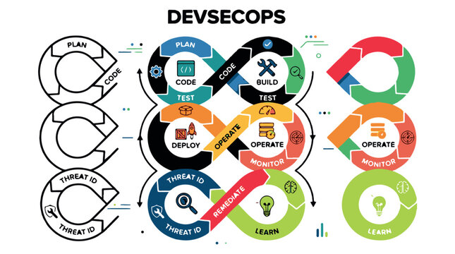 DevSecOps continuous integration and delivery cycle diagram with colorful infographic elements and icons