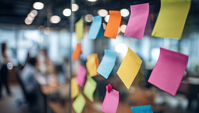 A vibrant array of colorful sticky notes are affixed to a glass wall, suggesting a brainstorming session or collaborative project in a modern office setting.