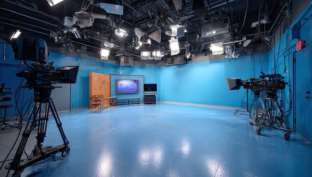 Empty Television Studio with Cameras and Lighting Equipment.
