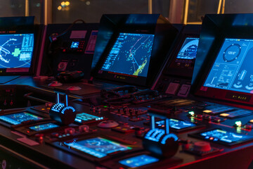 Navigation console with ECDIS and port lights visible at night © DMITRII RYBALKA