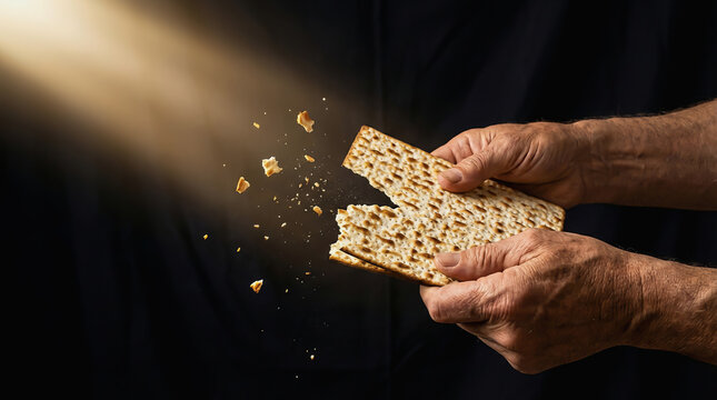 Close up of hands breaking a piece of matzah bread with crumbs flying in dramatic light against dark background