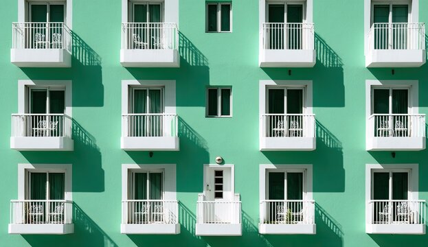 A symmetrical view of a multi-story building showcases a repeating pattern of white balconies and windows against a vibrant green facade, creating a striking architectural composition.