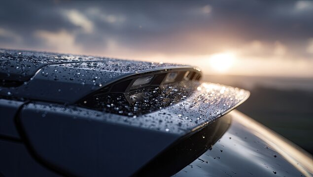 A close-up shot captures the sleek, wet surface of a black car's roof and spoiler against a blurred, golden sunset backdrop, highlighting the water droplets and reflective qualities.