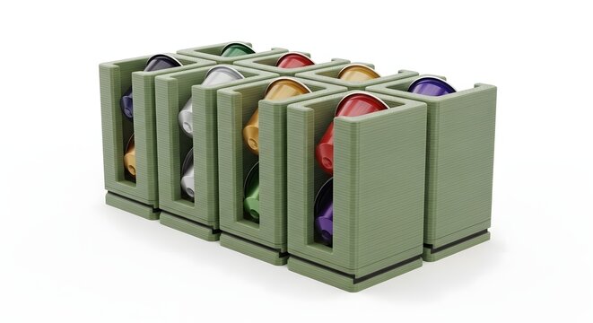 Reusable coffee pod holder 3D printed modular slots eco-friendly kitchen studio render